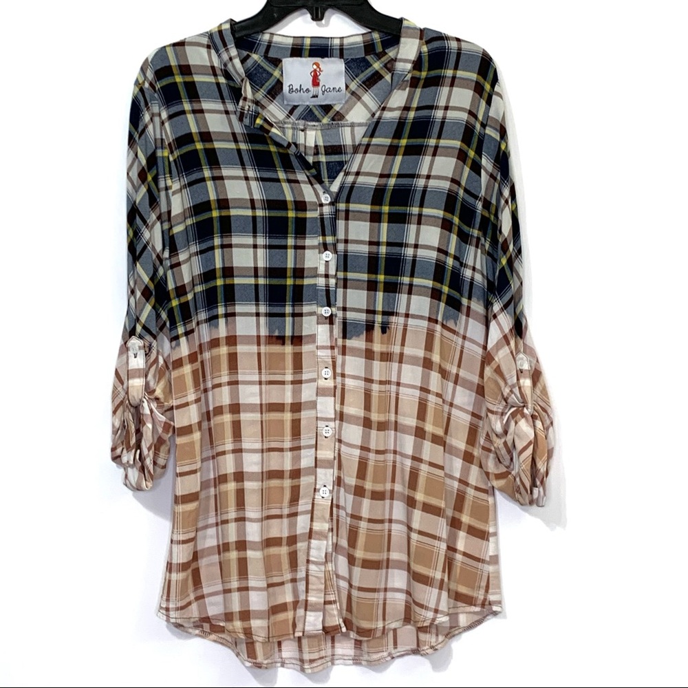 Boho Jane Roadie Ombre Plaid Button Up Top Sz Small